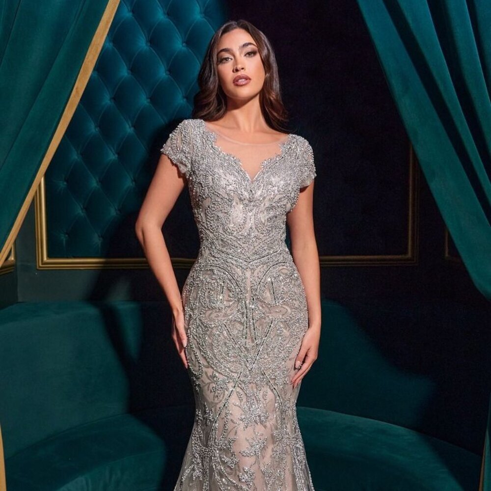 New Embroidered Mermaid Maxi Tulle Gown W/ Illusion Round Neckline Cd Cc0915